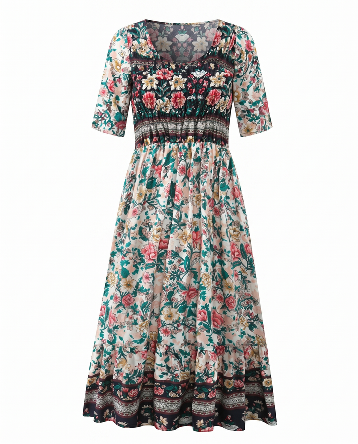 Boho Tiered Midi Dress with Square Neck