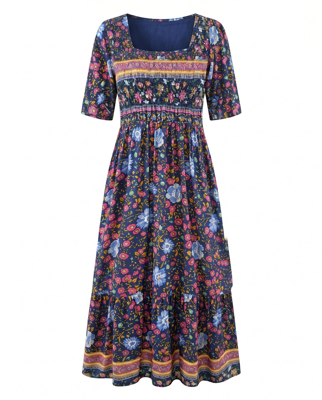 Boho Tiered Midi Dress with Square Neck