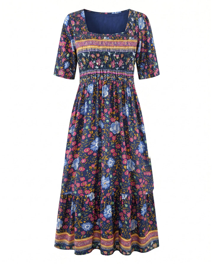 Boho Tiered Midi Dress with Square Neck