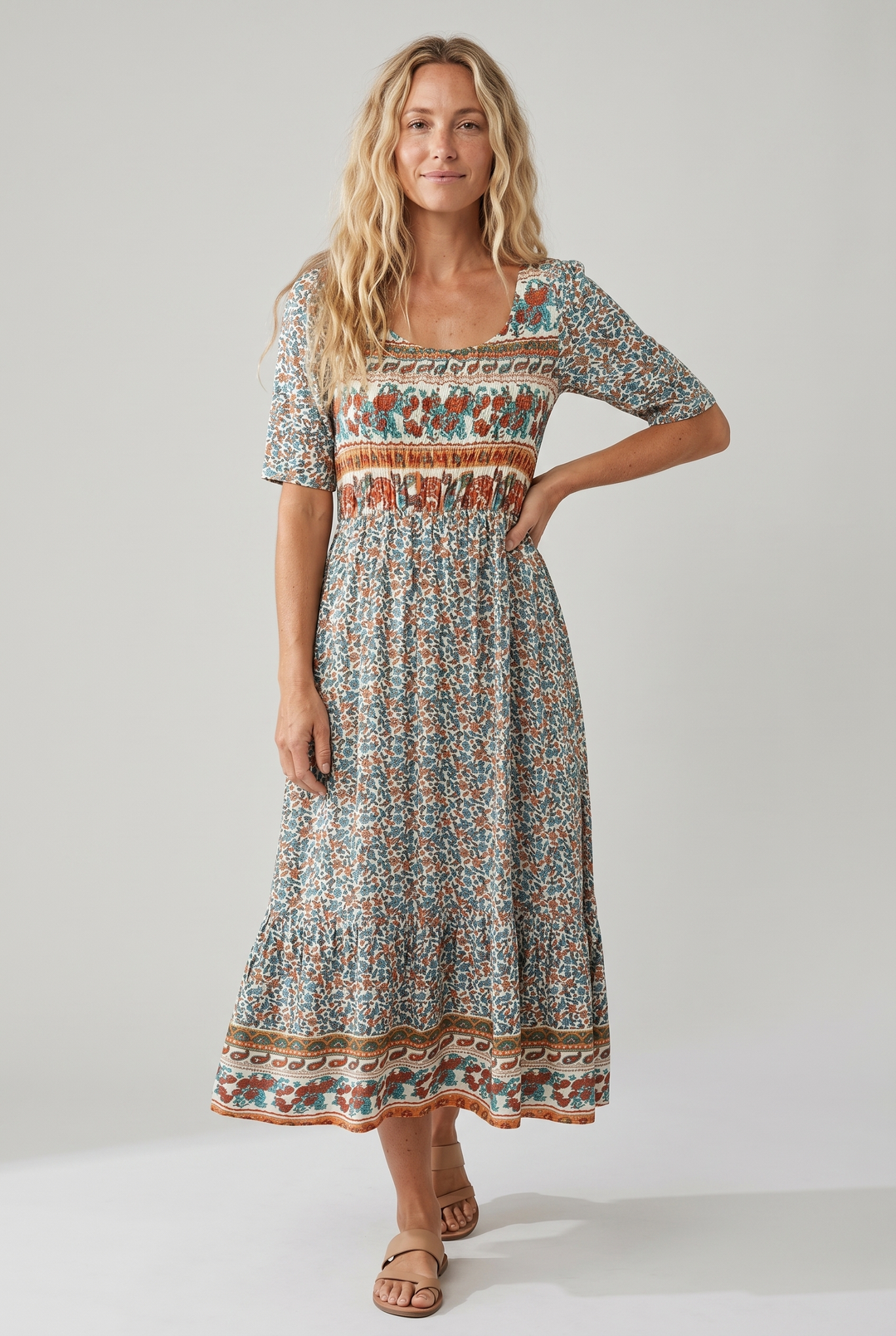 Boho Tiered Midi Dress with Square Neck