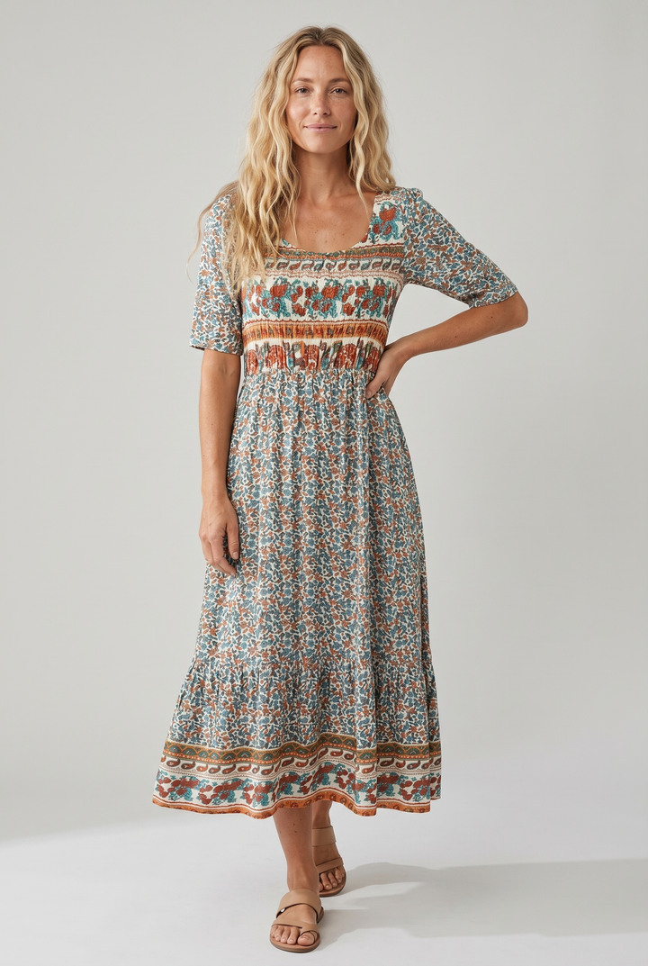 Boho Tiered Midi Dress with Square Neck