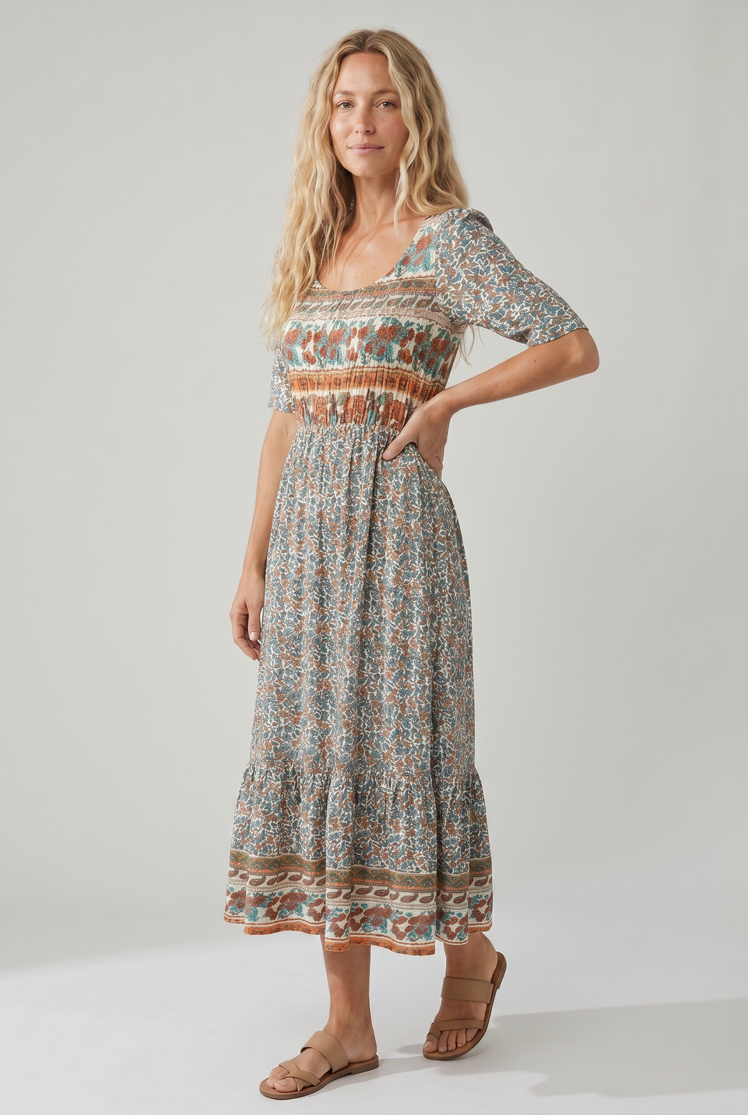 Boho Tiered Midi Dress with Square Neck