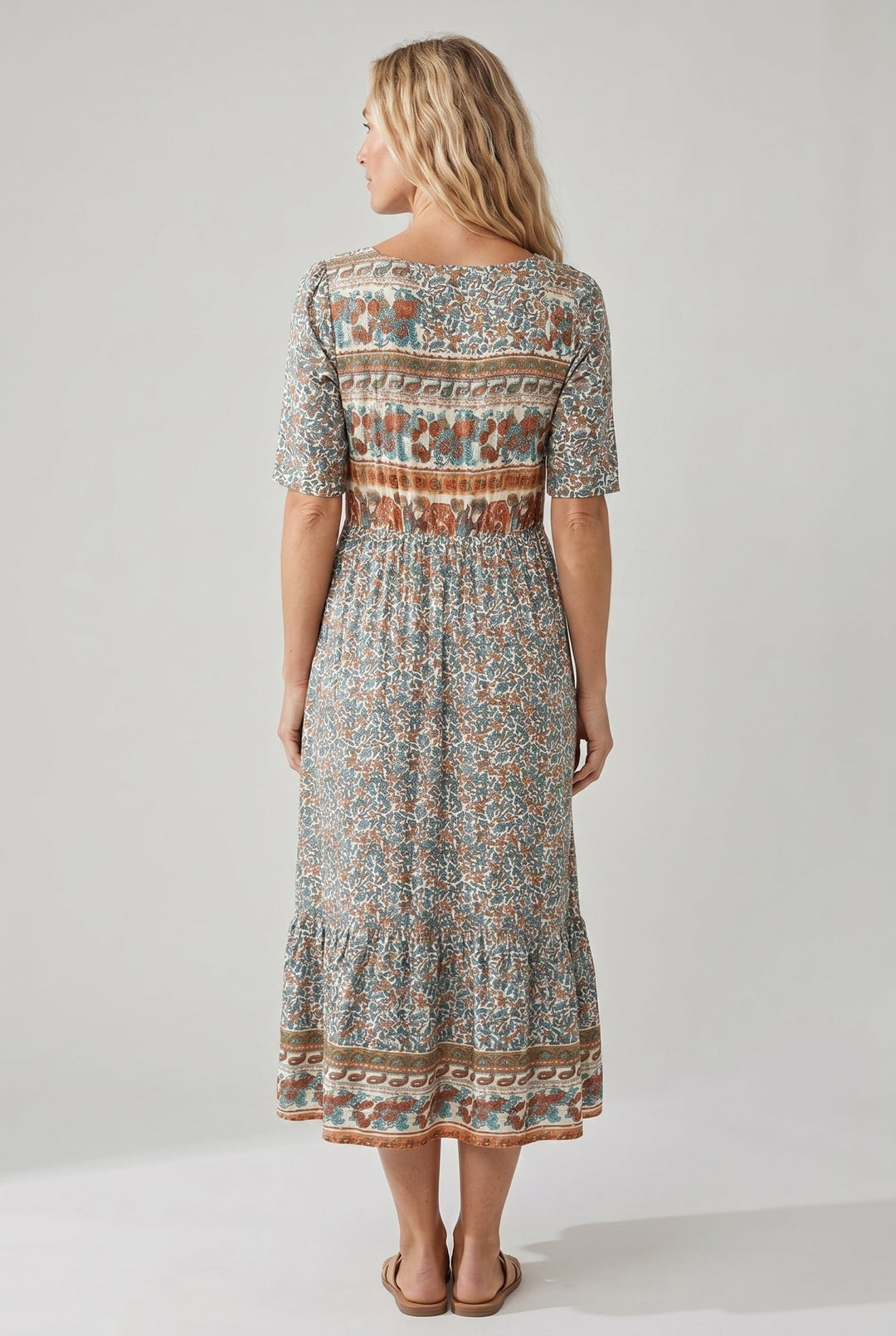 Boho Tiered Midi Dress with Square Neck