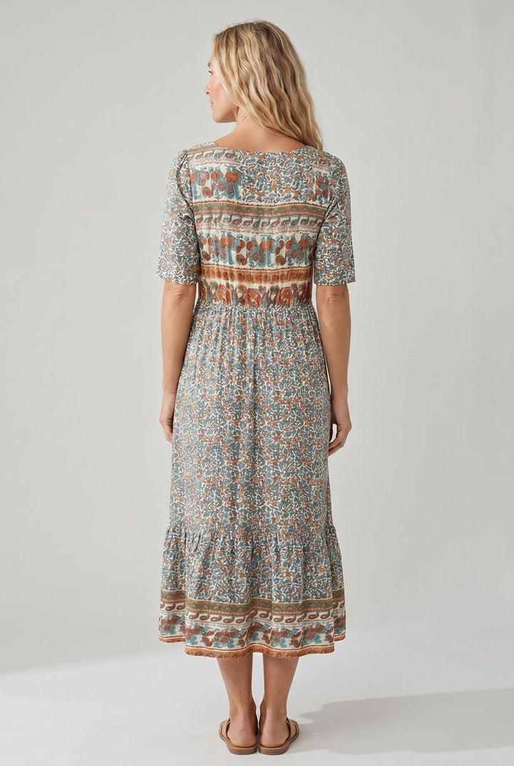 Boho Tiered Midi Dress with Square Neck