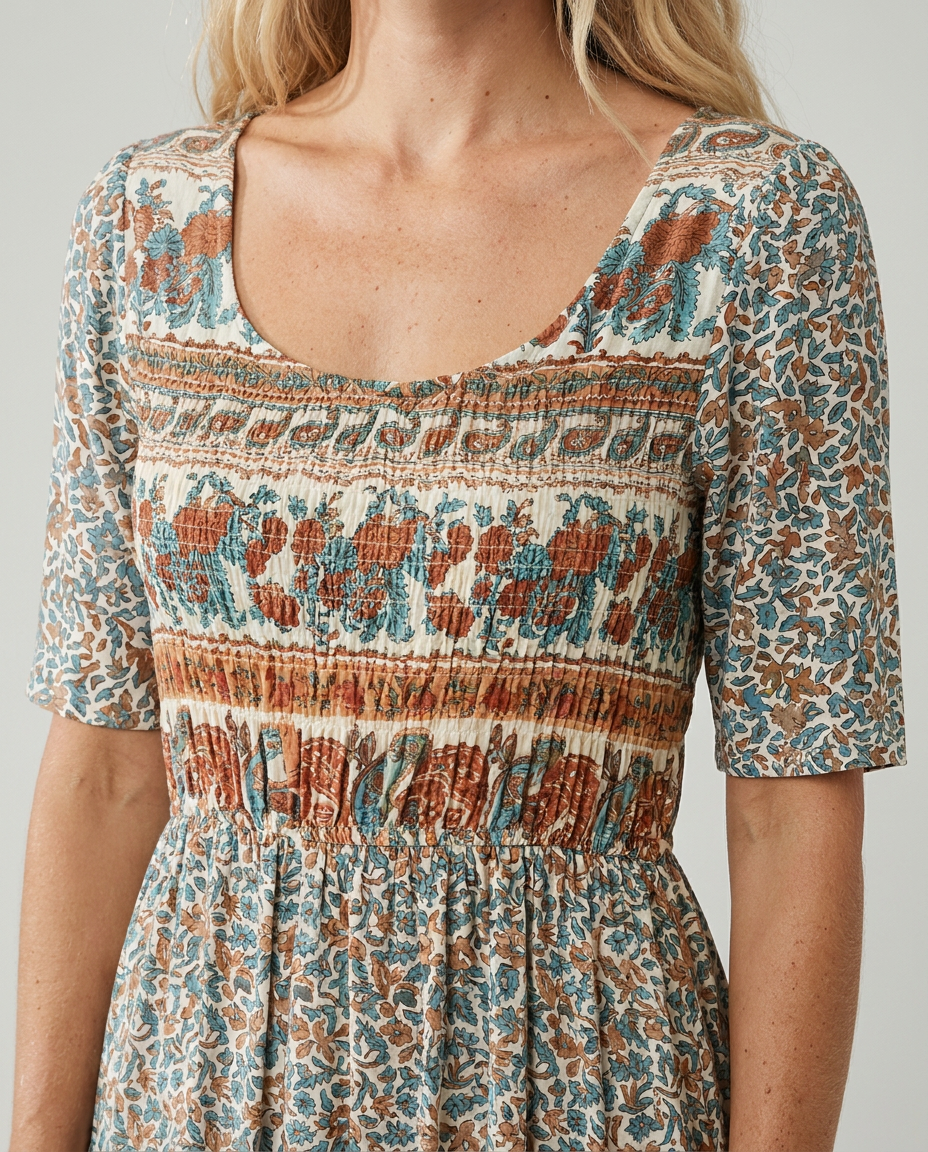 Boho Tiered Midi Dress with Square Neck