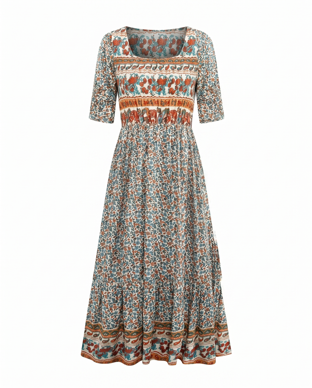 Boho Tiered Midi Dress with Square Neck
