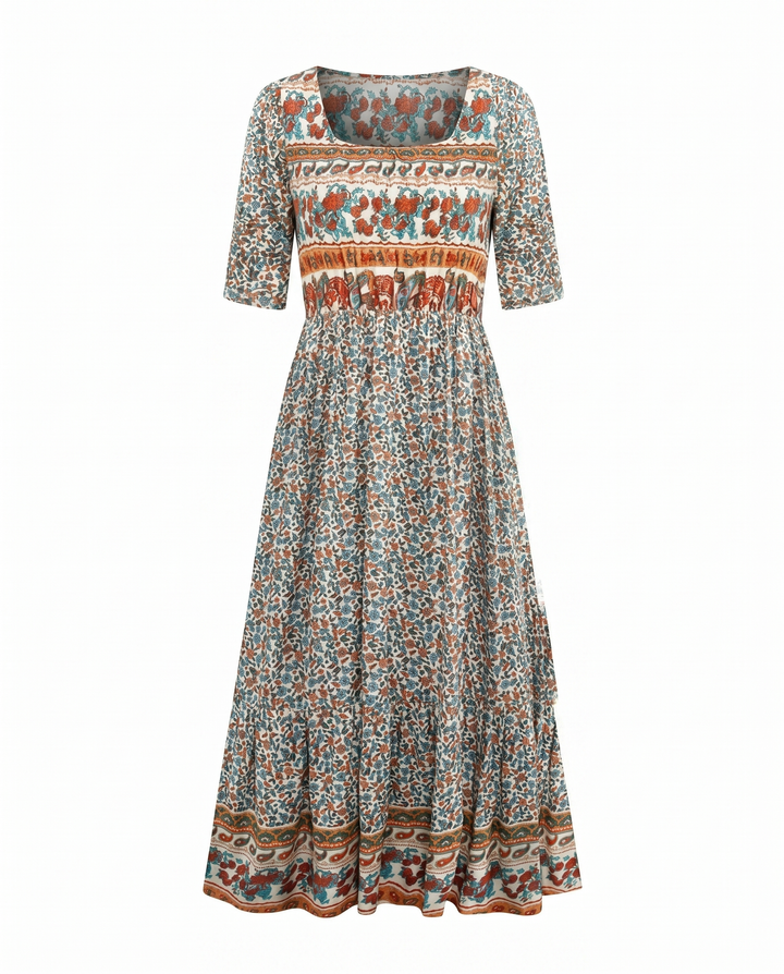 Boho Tiered Midi Dress with Square Neck