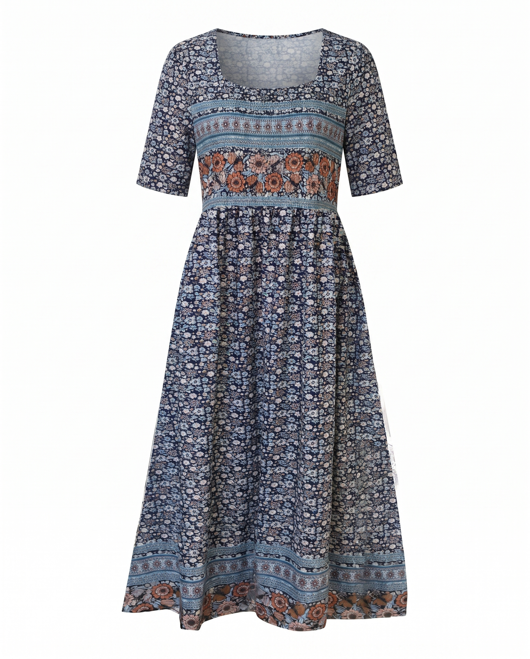 Boho Tiered Midi Dress with Square Neck