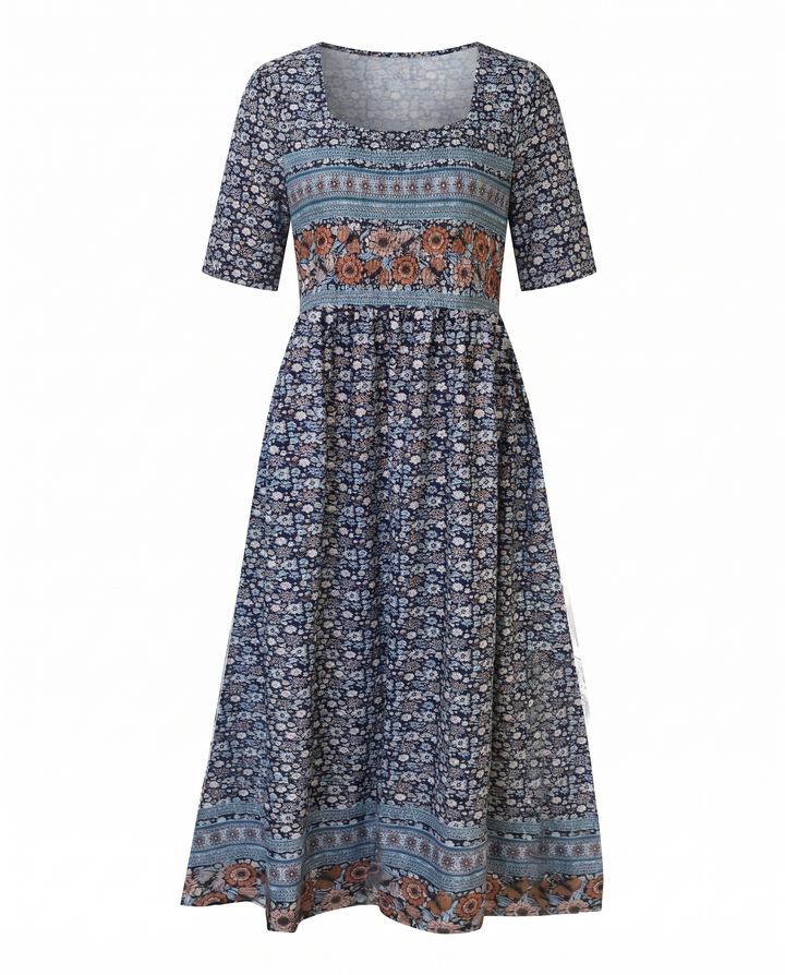 Boho Tiered Midi Dress with Square Neck
