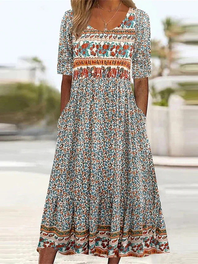 Boho Tiered Midi Dress with Square Neck