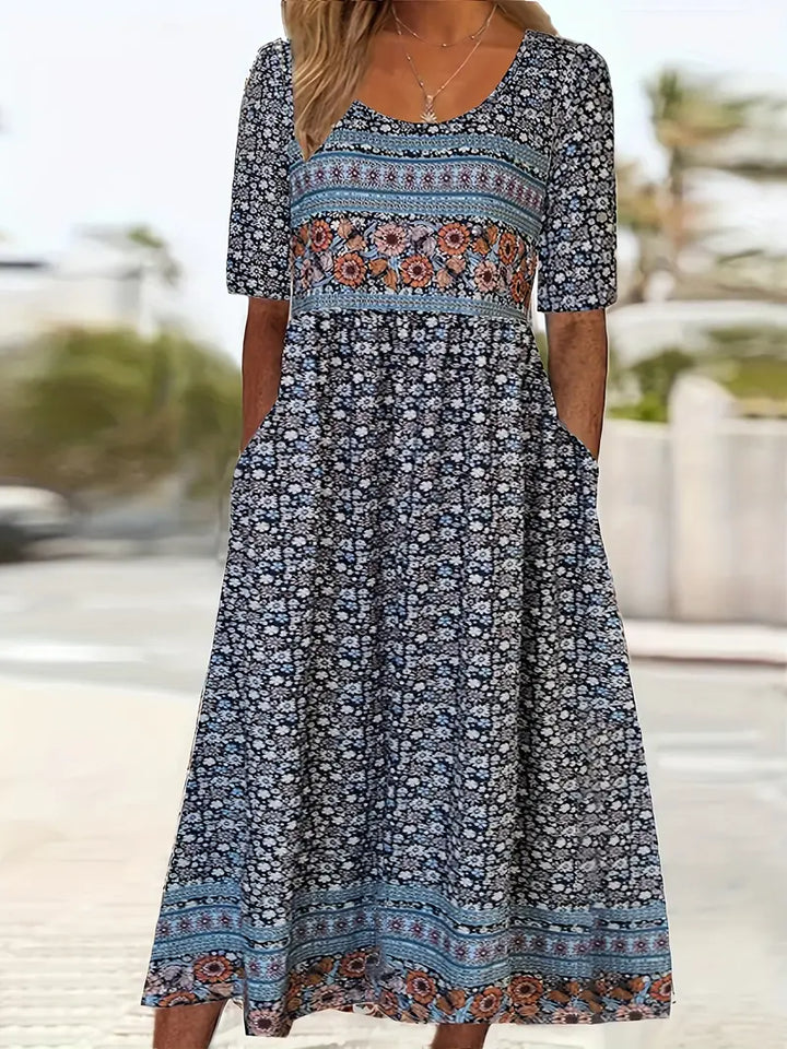 Boho Tiered Midi Dress with Square Neck