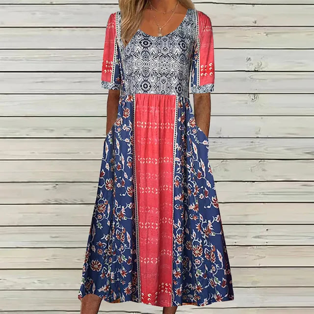 Boho Tiered Midi Dress with Square Neck