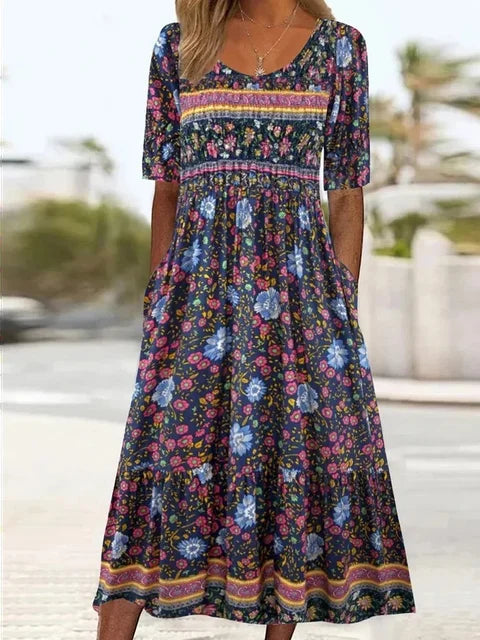 Boho Tiered Midi Dress with Square Neck