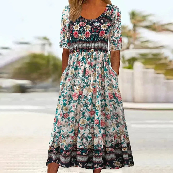 Boho Tiered Midi Dress with Square Neck