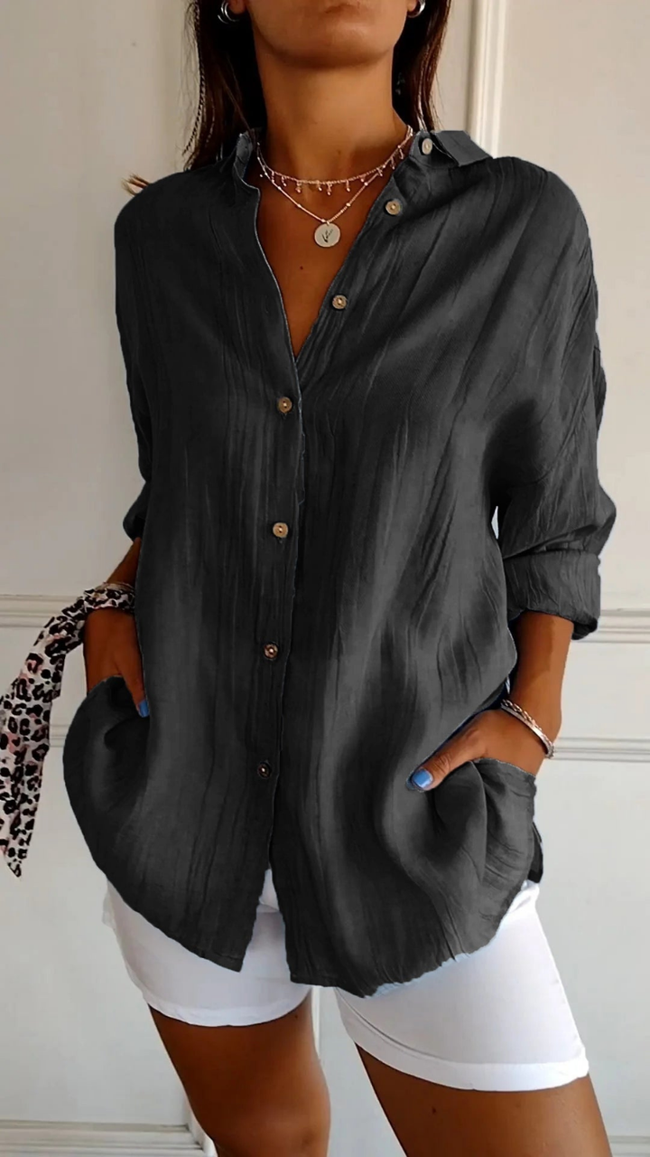 Button-Front Belted Blouse with Long Sleeves