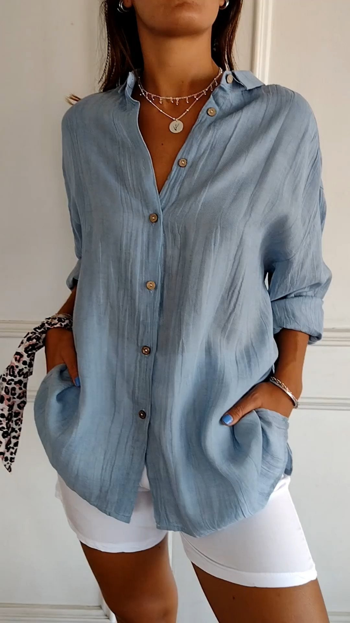 Button-Front Belted Blouse with Long Sleeves