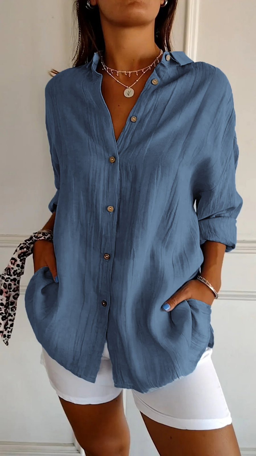 Button-Front Belted Blouse with Long Sleeves
