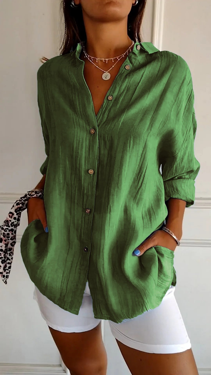 Button-Front Belted Blouse with Long Sleeves