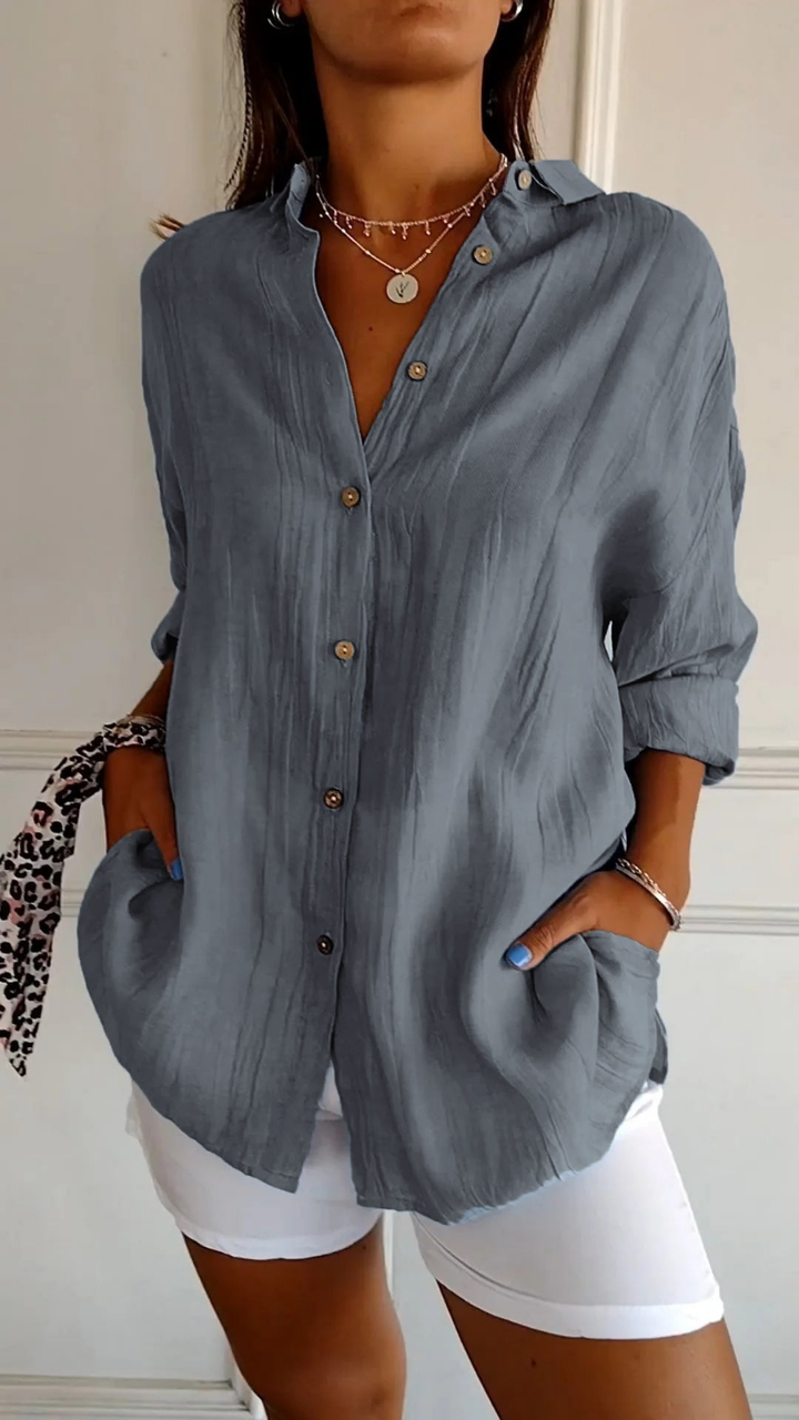 Button-Front Belted Blouse with Long Sleeves