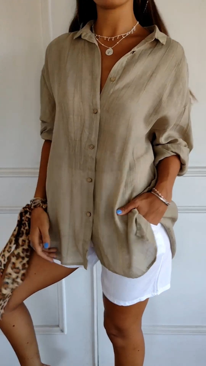Button-Front Belted Blouse with Long Sleeves