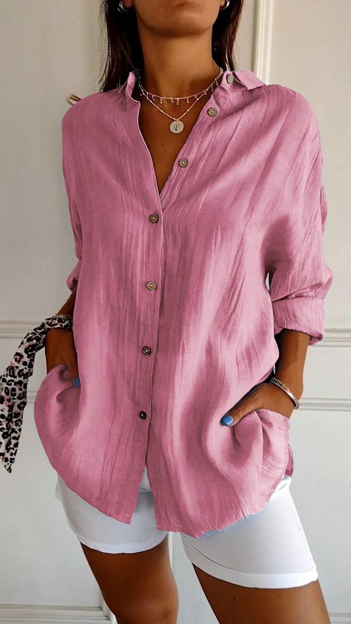 Button-Front Belted Blouse with Long Sleeves