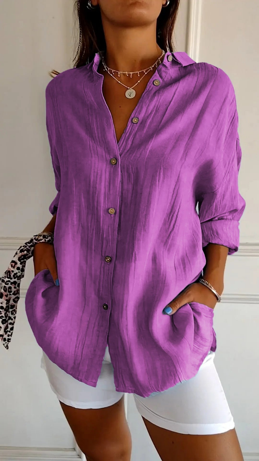 Button-Front Belted Blouse with Long Sleeves