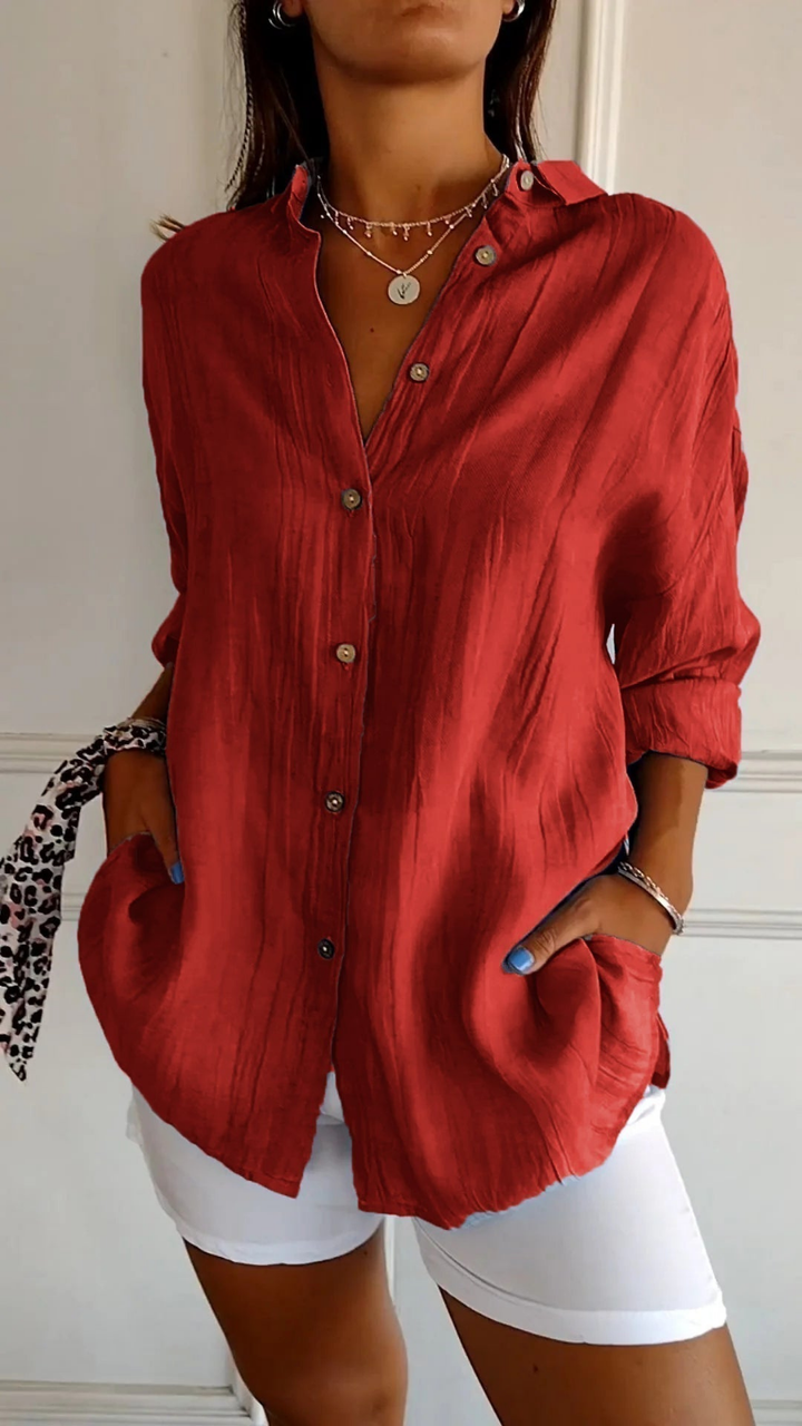 Button-Front Belted Blouse with Long Sleeves