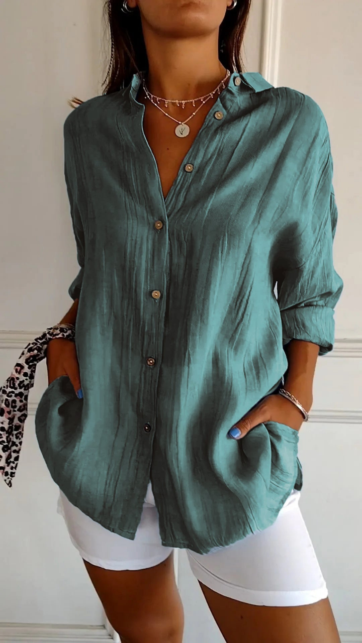 Button-Front Belted Blouse with Long Sleeves