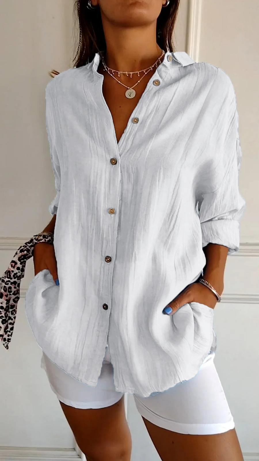 Button-Front Belted Blouse with Long Sleeves