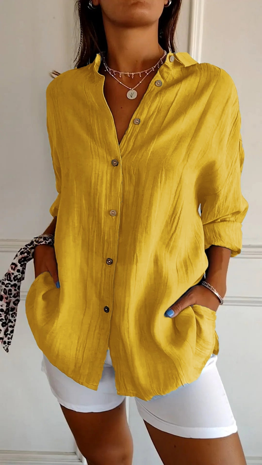 Button-Front Belted Blouse with Long Sleeves