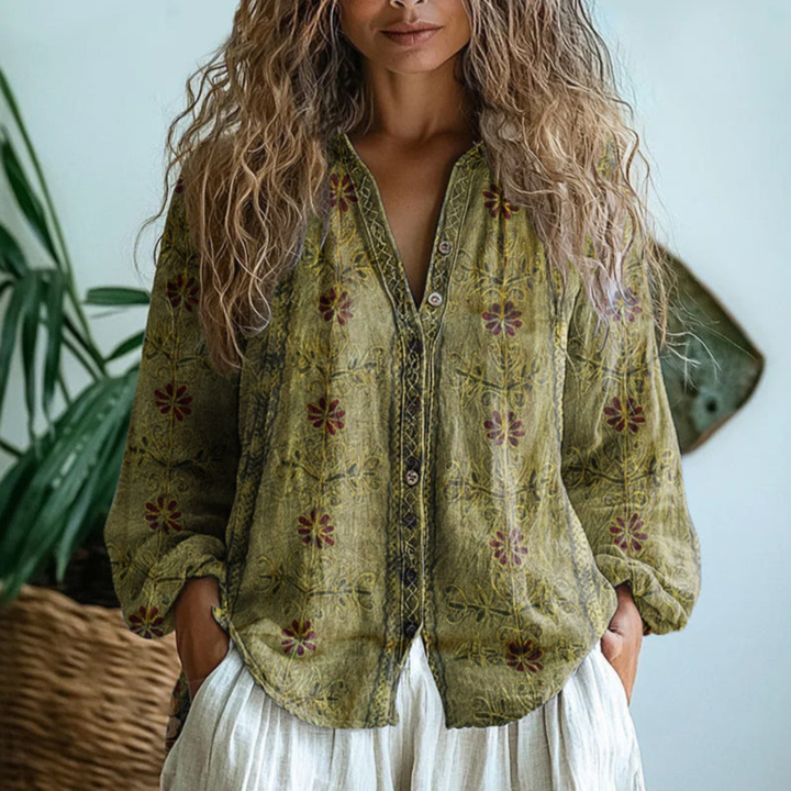Button-Front Blouse with Long Sleeves