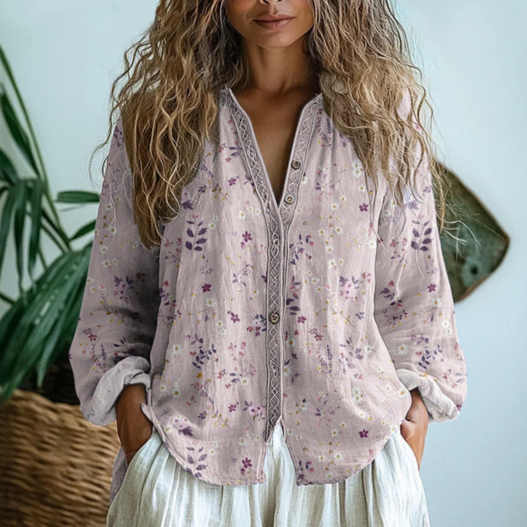 Button-Front Blouse with Long Sleeves