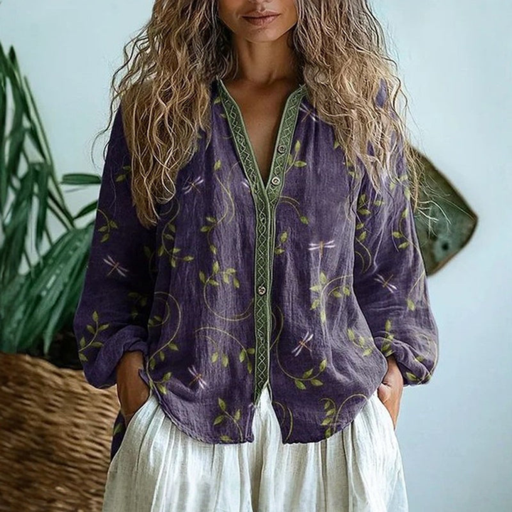 Button-Front Blouse with Long Sleeves