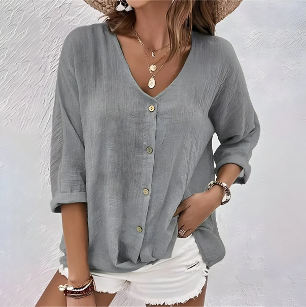 Button-Front Blouse with V-Neck