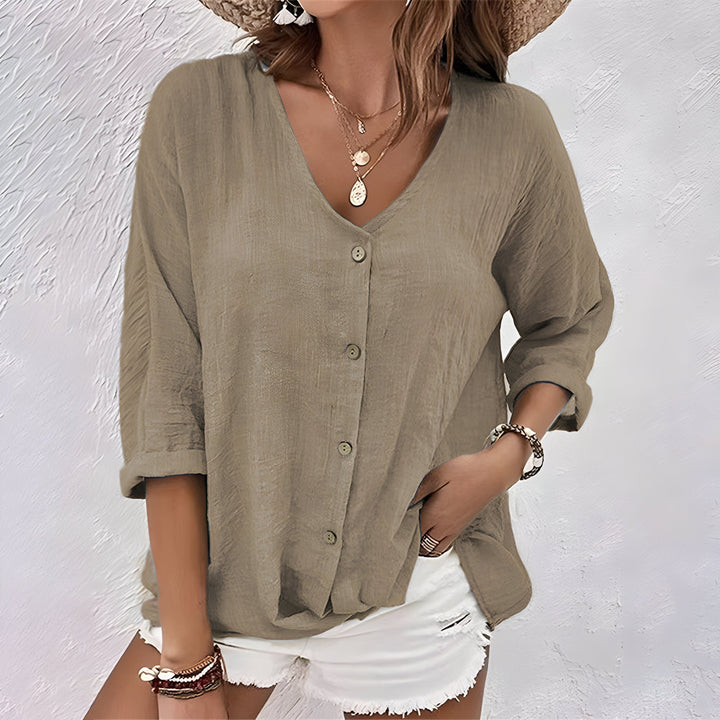 Button-Front Blouse with V-Neck