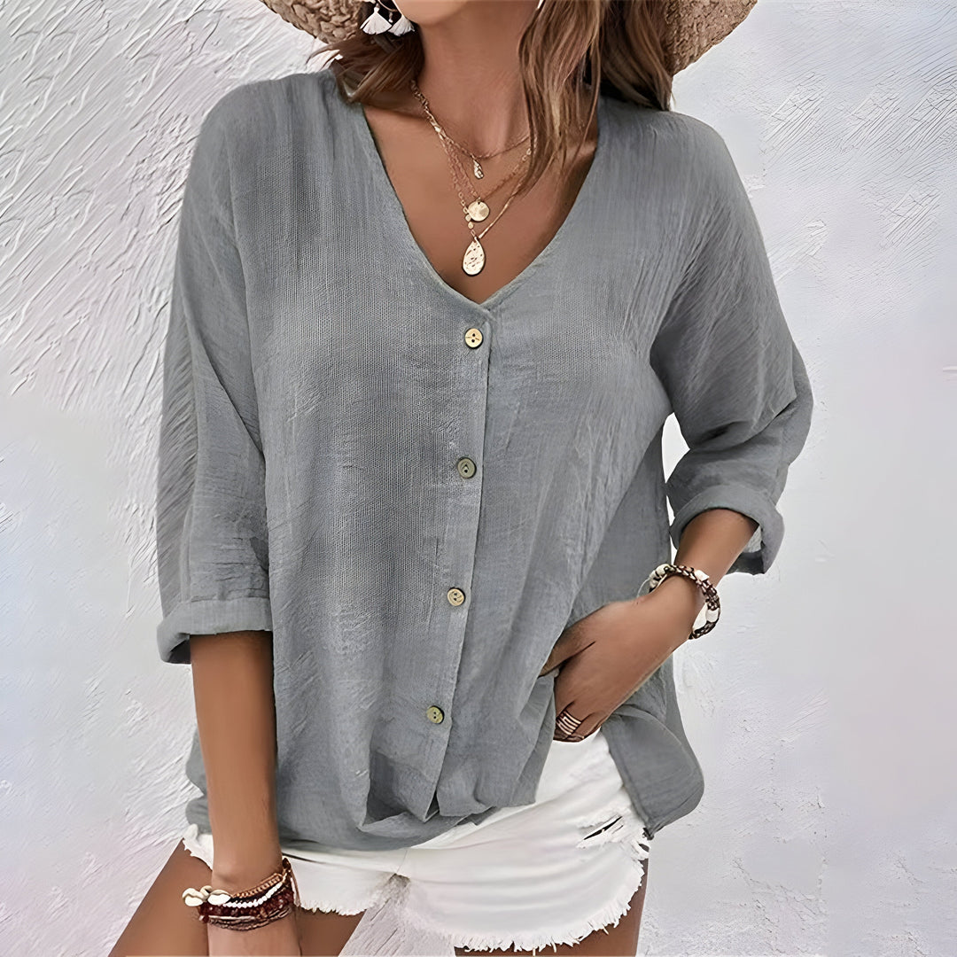 Button-Front Blouse with V-Neck