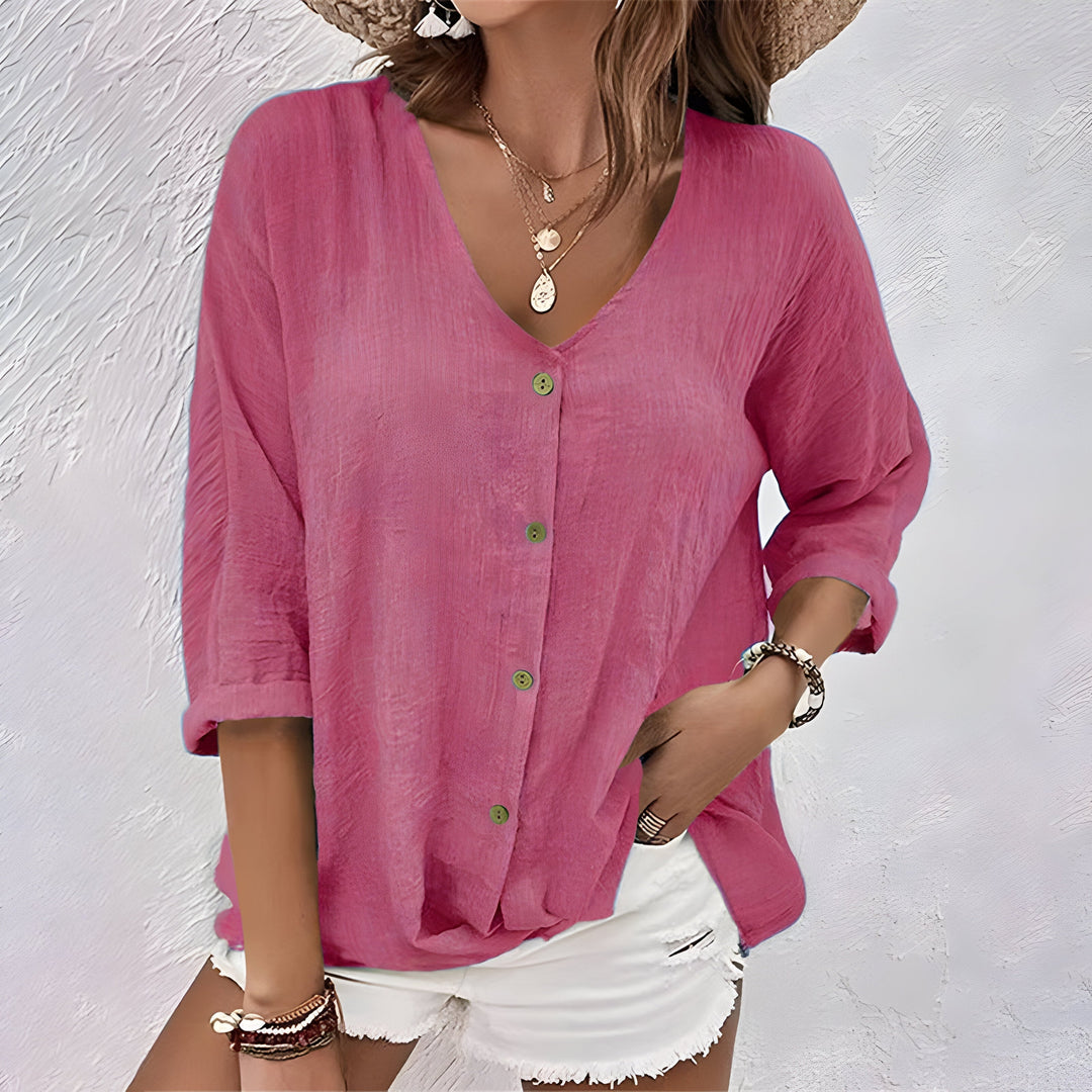 Button-Front Blouse with V-Neck