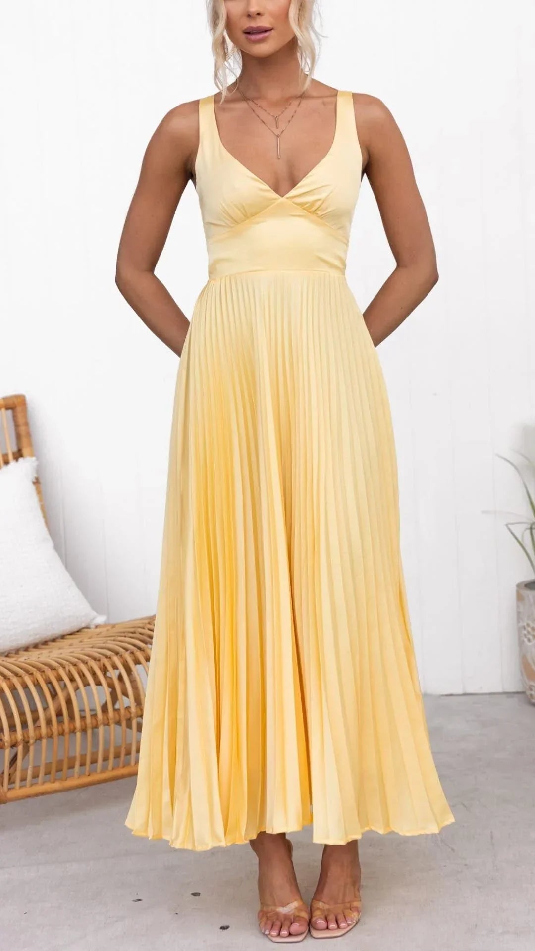 Elegant Pleated Maxi Wedding Guest Dress with V-Neck