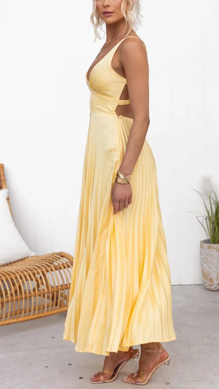 Elegant Pleated Maxi Wedding Guest Dress with V-Neck