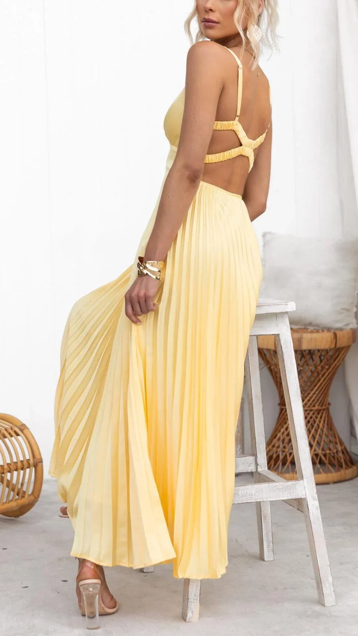 Elegant Pleated Maxi Wedding Guest Dress with V-Neck
