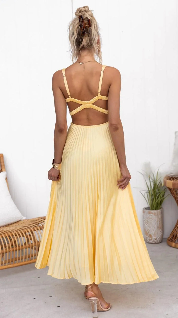 Elegant Pleated Maxi Wedding Guest Dress with V-Neck
