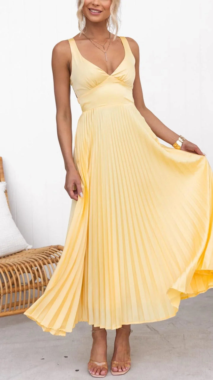 Elegant Pleated Maxi Wedding Guest Dress with V-Neck