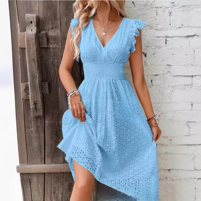 Embroidered A-Line Ruched Ruffle Knee-Length Dress with V-Neck and Cap Sleeves
