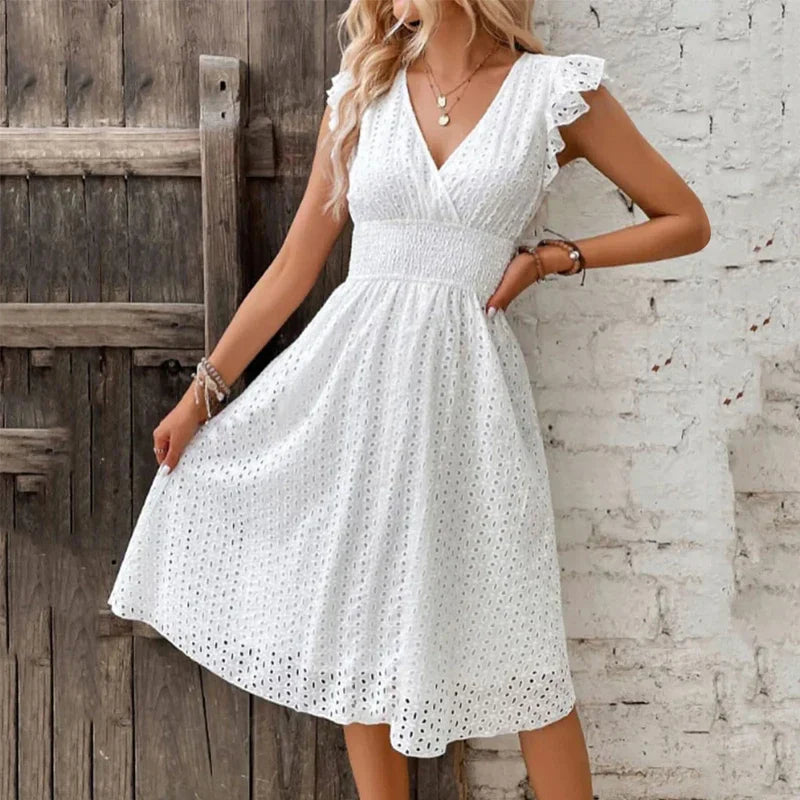 Embroidered A-Line Ruched Ruffle Knee-Length Dress with V-Neck and Cap Sleeves