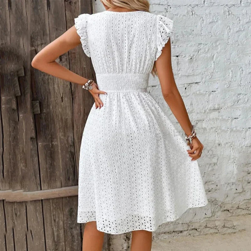 Embroidered A-Line Ruched Ruffle Knee-Length Dress with V-Neck and Cap Sleeves