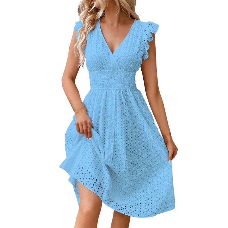 Embroidered A-Line Ruched Ruffle Knee-Length Dress with V-Neck and Cap Sleeves