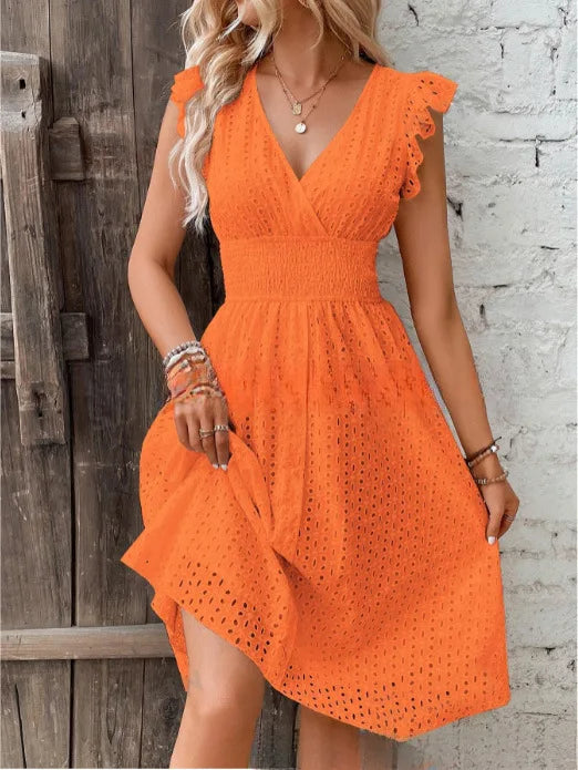 Embroidered A-Line Ruched Ruffle Knee-Length Dress with V-Neck and Cap Sleeves
