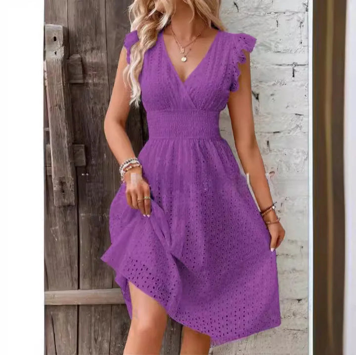 Embroidered A-Line Ruched Ruffle Knee-Length Dress with V-Neck and Cap Sleeves