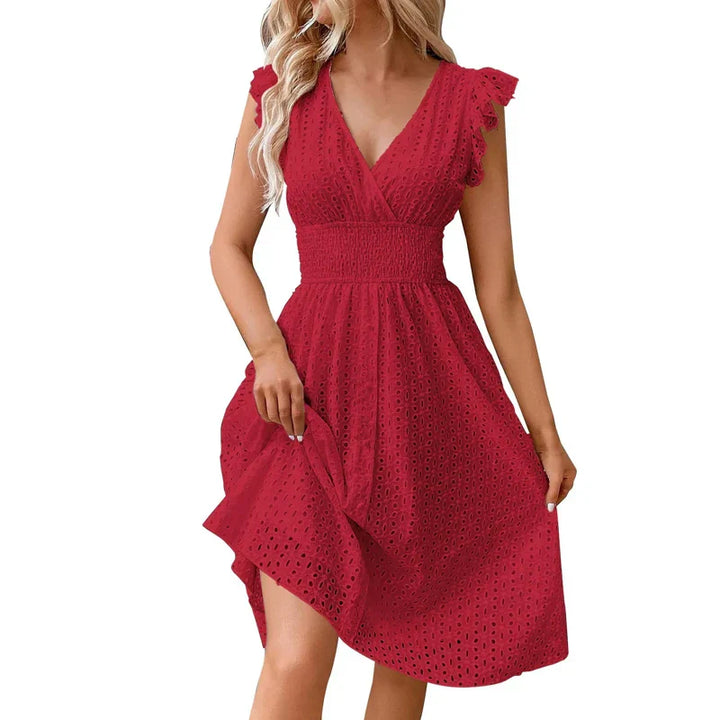 Embroidered A-Line Ruched Ruffle Knee-Length Dress with V-Neck and Cap Sleeves