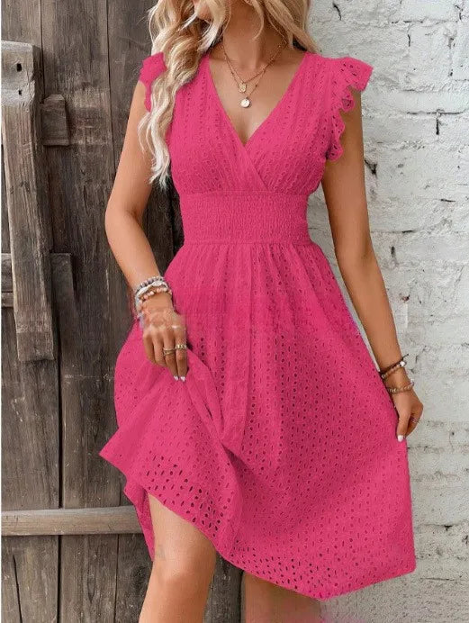 Embroidered A-Line Ruched Ruffle Knee-Length Dress with V-Neck and Cap Sleeves
